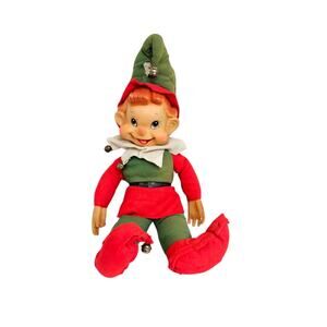 Vintage Rushton Red & Green Christmas Elf Rubber Face 17" Plush Decor